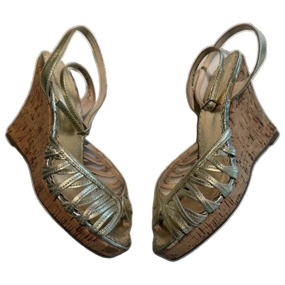 New Exotic Gold Leather Rebecca Taylor wedge Sandals Sz 8.5